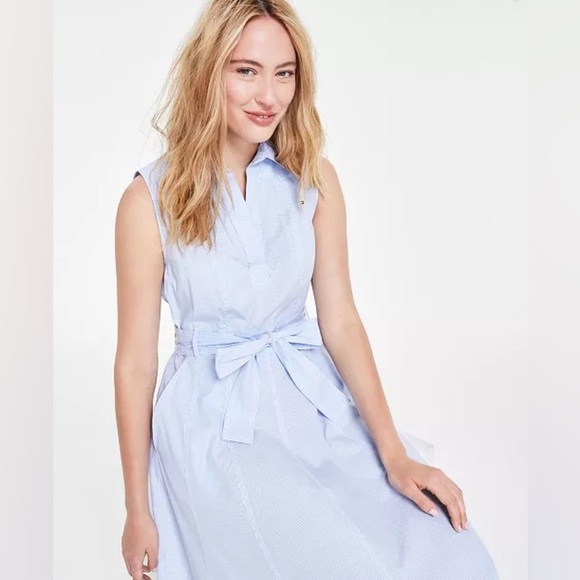 Tommy Hilfiger Blue & White Stripe Sleeveless V-Neck Collar Midi Dress Sz Lg - Picture 3 of 16